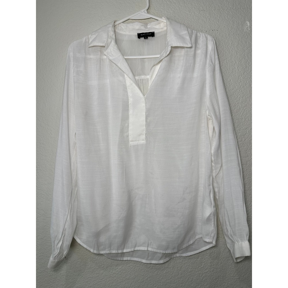 Naf Naf Paris Womens Off White V-Neck Long Sleeve Blouse Top Size S 014-519E320